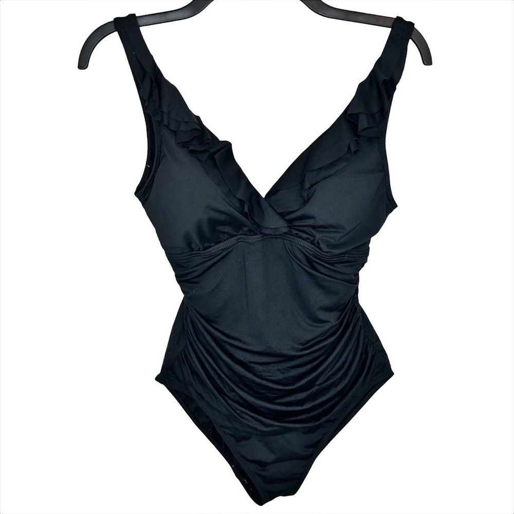 Lauren Ralph Lauren One Piece Swimsuit 10 M Black Ruffle Underwire Beach Swim - Picture 3 of 7